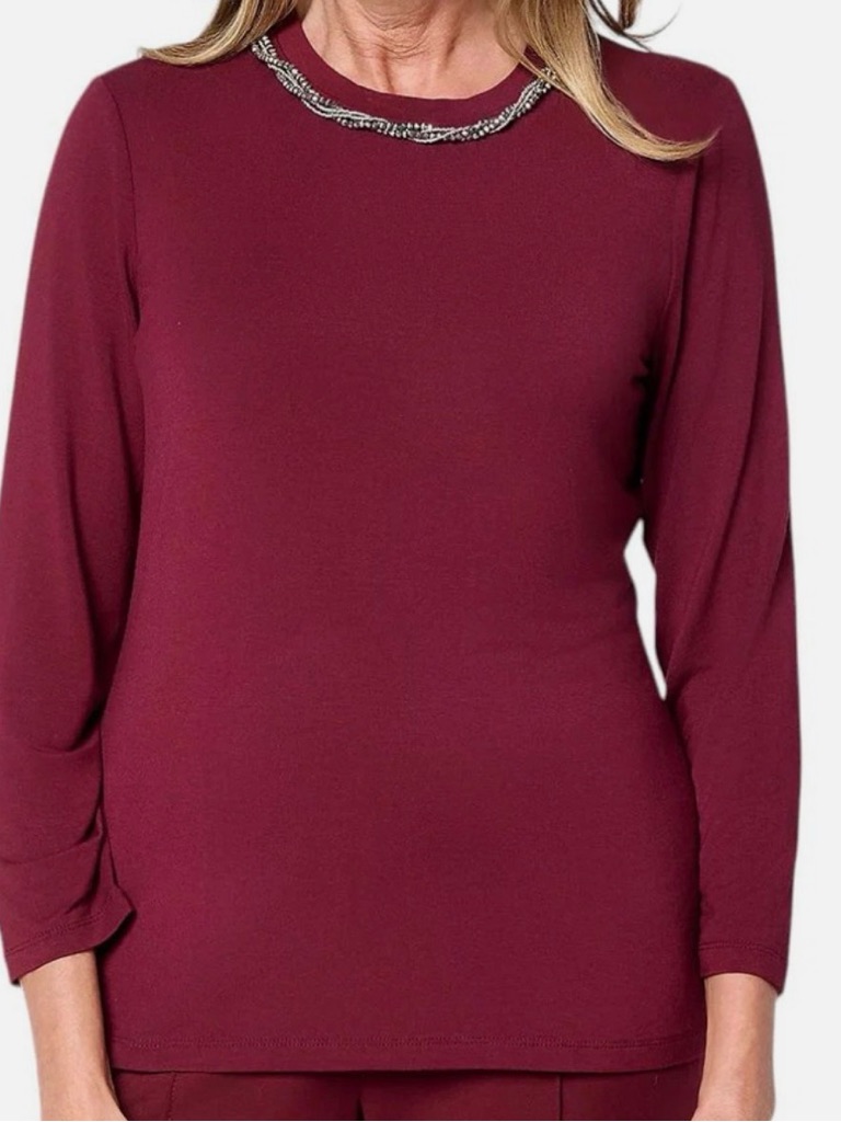 New Nicole By Nicole Miller Luxe Modal Beaded Neck 3/4 Sleeve Top Merlot Medium